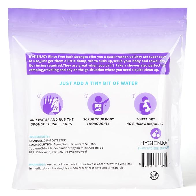 HYGIENJOY-21% Larger Rinse Free Bath Sponges for Adults-Disposable No Rinse Bathing Wipes-Soap Infused,Dry Shower Wipes for Elderly,Camping,Post Surgery Must Haves,(Lavender 25 Counts）