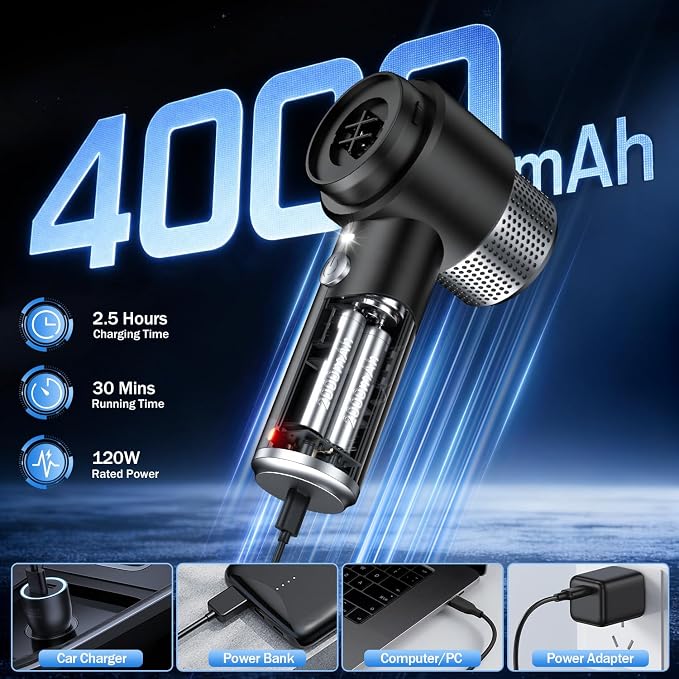 KMM Handheld Car Vacuum Cleaner, Hand Held Vacuum Cleaner & Air Duster | 16000PA Strong Suction, 120W High Power, Portable & Rechargeable, LED Light, Multi-Nozzles for Home, Car, Office, Pet