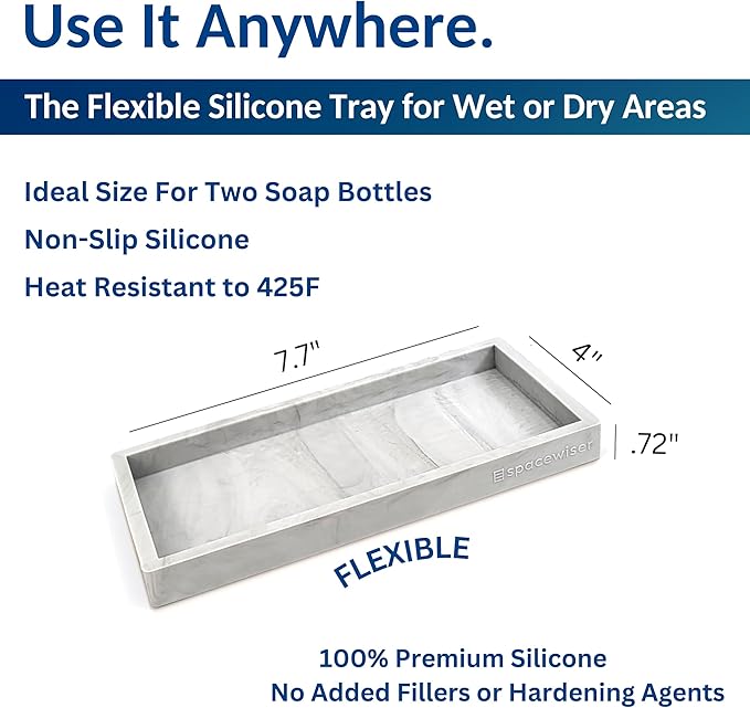 Spacewiser Countertop and Vanity Tray - 2 PC Small 7.7" Silicone Bathroom Trays, Kitchen Soap Tray, Dish Sponge Soap Holder Kitchen Sink Organizer Caddy, Bathroom Counter Trays for Lotion Dispenser
