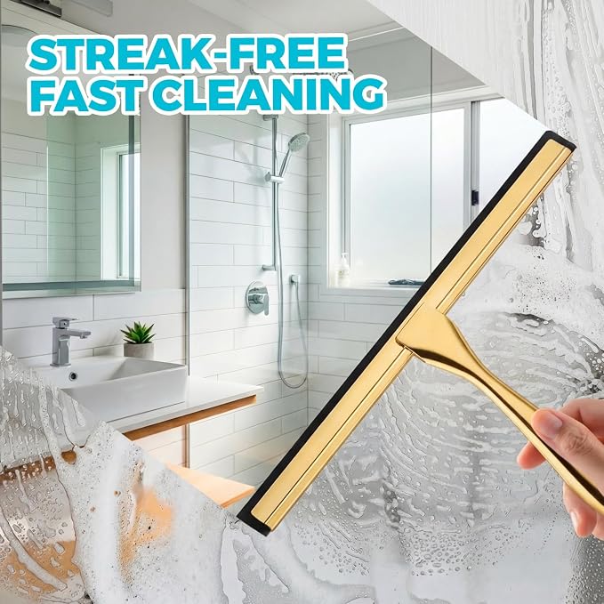 ALFLOD 2pcs Shower Squeegee for Glass Doors with Adhesive Hanging Hook Set | 12” gold, bathroom accessories, window cleaner, new home essentials, soft rubber blade, metal handle, ergonomic grip