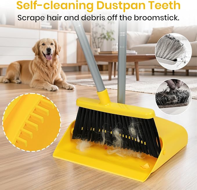 Stand Up Dustpan and Broom Set 50” Long Handle Broom with Dust Pan, with Self Cleaning Combe for Ergonomic Home Office Classroom Indoor Sweeping