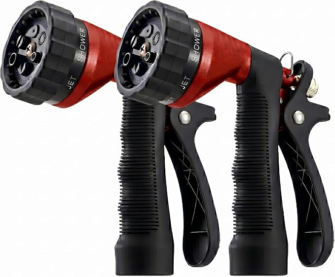 GREEN MOUNT Water Hose Nozzle 2-Pack, Zinc Alloy Garden Spray Nozzle with Adjustable Spray Patterns, Leakproof Rustproof Trigger Lock for Outdoor Cleaning & Car Wash, Red & Red