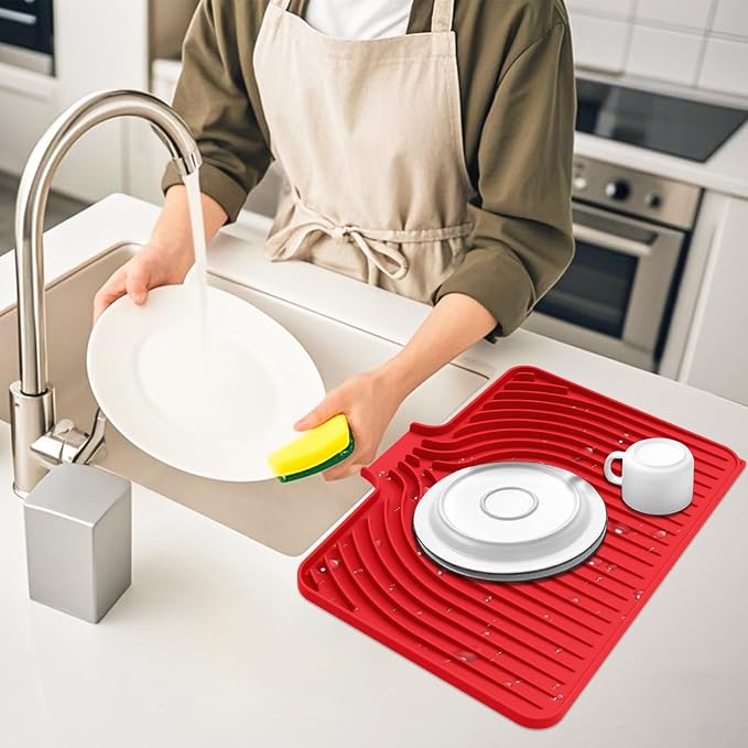 Dish Drying Mat for Kitchen Counter, with Built-in Drain Lip, Food-Grade Silicone, Easy Clean Pad for Countertop Protection, Multi-Functional Use (18x11.8, Red)
