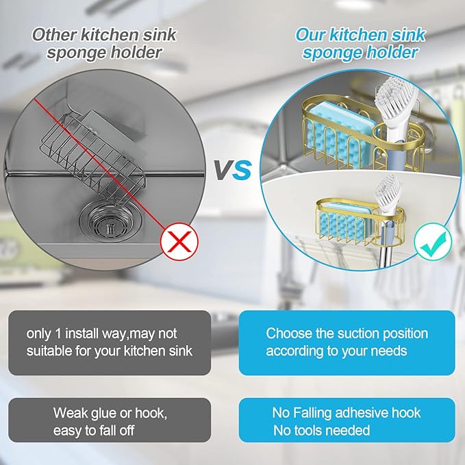 2-in-1 Sponge Holder for Kitchen Sink, Sink Caddy Kitchen Sink Organizer with 3 Suction Cups, No Drill Rustproof Sink Sponge Holder for Dish Brush, Soap & Sponge (Gold)