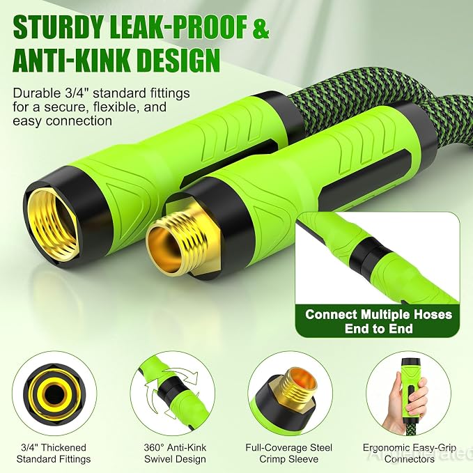NON-EXPANDABLE Garden Hose 50ft x5/8'', Heavy Duty Flexible Water Hose with 10-Function Sprayer, Lightweight, Leak Proof, Durable Fabric Skin, Pressure Resistant for Yard, Outdoor