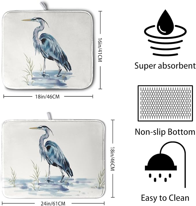 Summer Dish Drying Mat Blue White Heron Beach Absorbent Microfiber Drying Mats for Kitchen Counter Coastal Nautical Birds Dishes Drainer Mat Extra Large 18x24 Inch