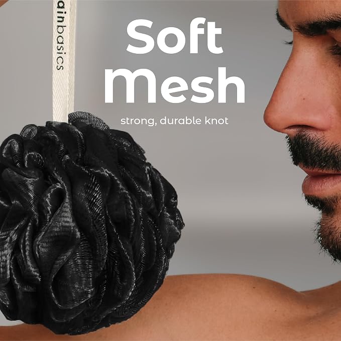 MainBasics Shower Loofah Sponge Pouf, Set of 3, Triple Black | Soft Mesh Body Scrubber and Bath Sponge for Gentle Exfoliation, Rich Lather, and Everyday Shower Use