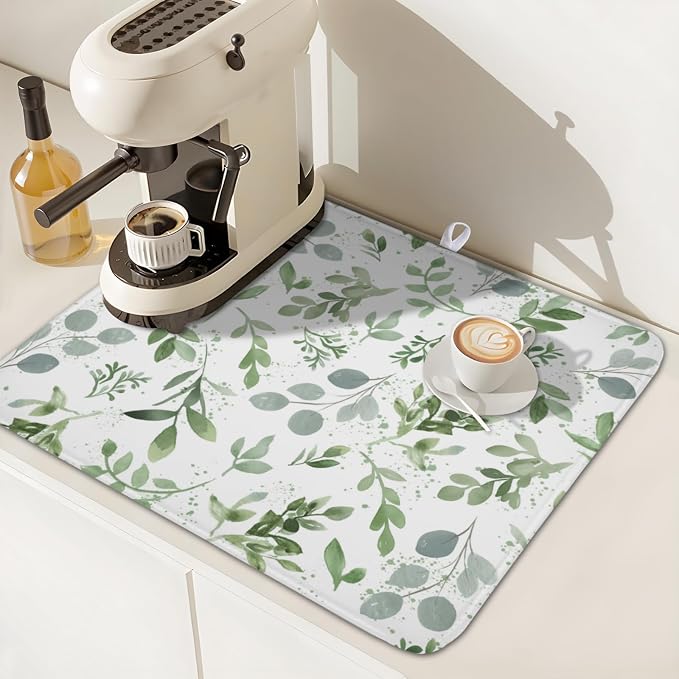 Spring Summer Sage Green Leaves Dish Drying Mat 18x24 Inch | Eucalyptus Leaf，Polyester，Absorbent Microfiber，for Kitchen Coffee Dining Bar Decor