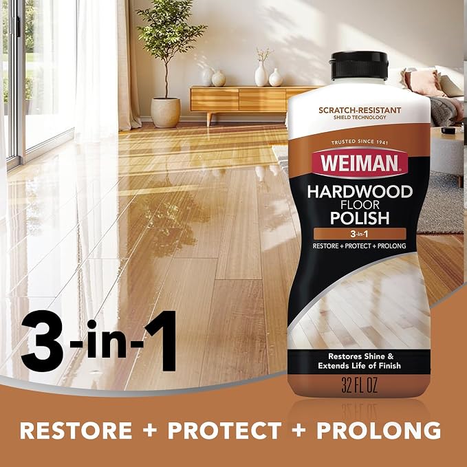 Weiman Wood Floor Polish and Restorer 32 Oz 3PC Bundle - High-Traffic Hardwood Floor, Natural Shine, Removes Scratches, Leaves Protective Layer