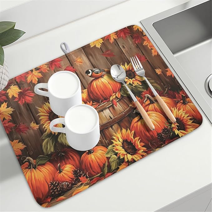 Fall Pumpkin Dish Drying Mat for Kitchen Counter Thanksgiving Autumn Harvest Pumpkin Microfiber Dish Drainer Mat Rustic Farmhouse Absorbent Washable Drying Pad 18"x24"