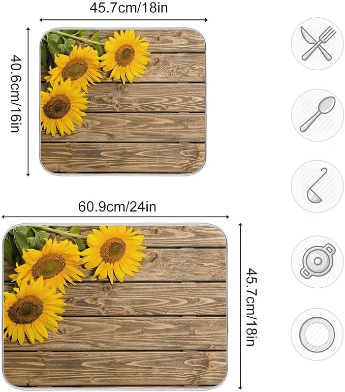 Super Absorbent Dish Drying Mat, Microfiber Fast-Drying Dish Mat, 24" x 18", Kitchen Dish Drying Pad, Sunflowers On The Wooden