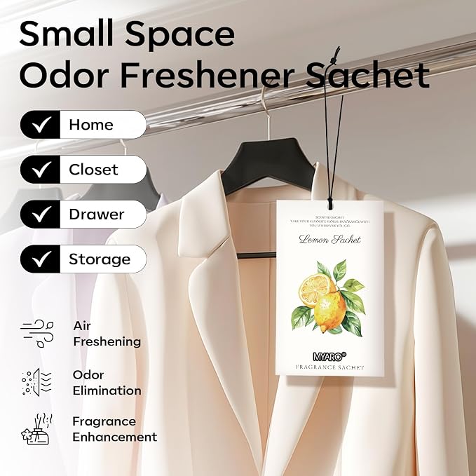 MYARO 12 Packs Lemon Scented Sachets for Drawer Closet Bathroom Odor Eliminator - Fresh Home Fragrance Car Air Frehener