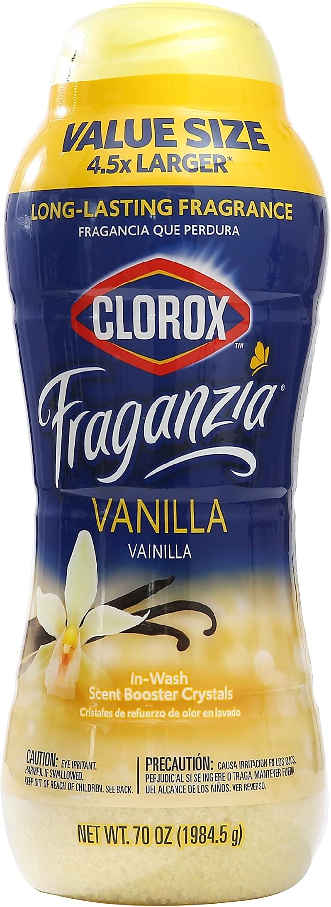 Clorox Fraganzia Laundry Scent Booster Crystals, In-Wash Fragrance Beads for Fresh-Smelling Clothes & Linens, Safe for All Fabrics & Colors, Easy-Pour Bottle, Vanilla Scent, 70 Oz
