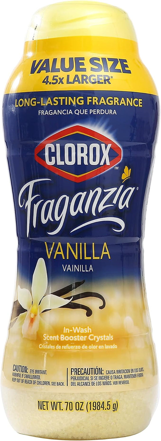 Clorox Fraganzia Laundry Scent Booster Crystals, In-Wash Fragrance Beads for Fresh-Smelling Clothes & Linens, Safe for All Fabrics & Colors, Easy-Pour Bottle, Vanilla Scent, 70 Oz