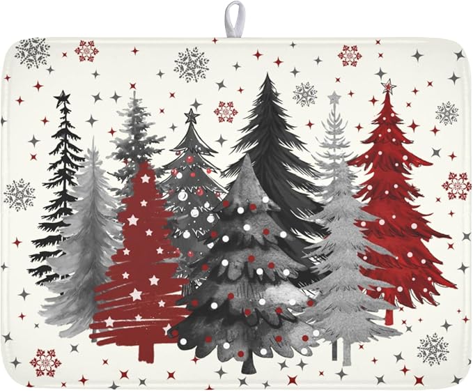 Christmas Gray Red Tree Dish Drying Mat 18x24 Inch Xmas Snowflake | Winter，Polyester，Absorbent Microfiber，for Kitchen Coffee Dining Bar Decor