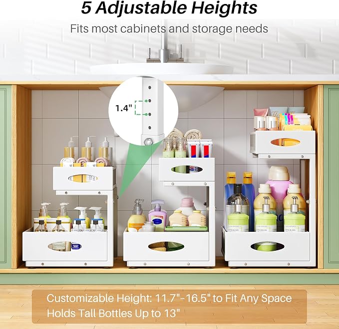 Under Sink Organizer, 1-Pack Pull Out Cabinet Organizer 2 Tier Metal Slide Out Storage Shelf Rack, L-Shaped Adjustable Height,Mesh Sliding Drawer for Kitchen, Bathroom, Laundry, Pantry, White, XL