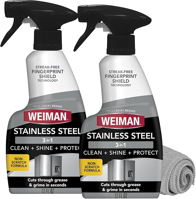 Weiman Stainless Steel Cleaner & Polish, 2 Pack, Anti Fingerprint Spray Stainless Steel Cloth, Water Spots & Grease, No Streaks or Residue, Safe for Metal Polish, Chrome, Appliances, Sinks & Grills