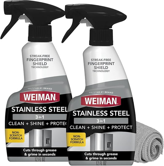 Weiman Stainless Steel Cleaner & Polish, 2 Pack, Anti Fingerprint Spray Stainless Steel Cloth, Water Spots & Grease, No Streaks or Residue, Safe for Metal Polish, Chrome, Appliances, Sinks & Grills