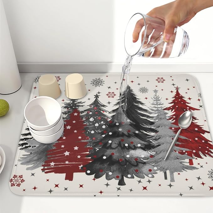 Christmas Gray Red Tree Dish Drying Mat 16x18 Inch Xmas Snowflake | Winter，Polyester，Absorbent Microfiber，for Kitchen Coffee Dining Bar Decor