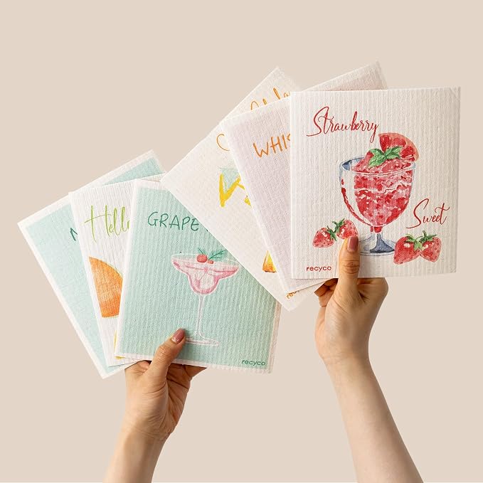 RECYCO Swedish Dishcloths for Kitchen | 6 Pack Cocktails Washable Dish Rags | Cellulose Reusable Cleaning Paper Towels | Absorbent Counter Dish Cloth Sponge Kitchen Wipes, 8" L x 7" W