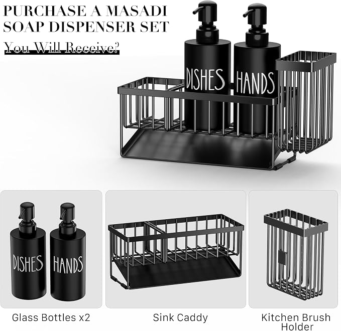 MASADI Kitchen Dish Soap Dispenser Set with Sponge Holder, 12OZ Glass Bottle, Hand and Dish Soap Dispenser Set, Non-Slip Silicone Pad, Brush Holder, Kitchen Sink Organizer Countertop (Black)