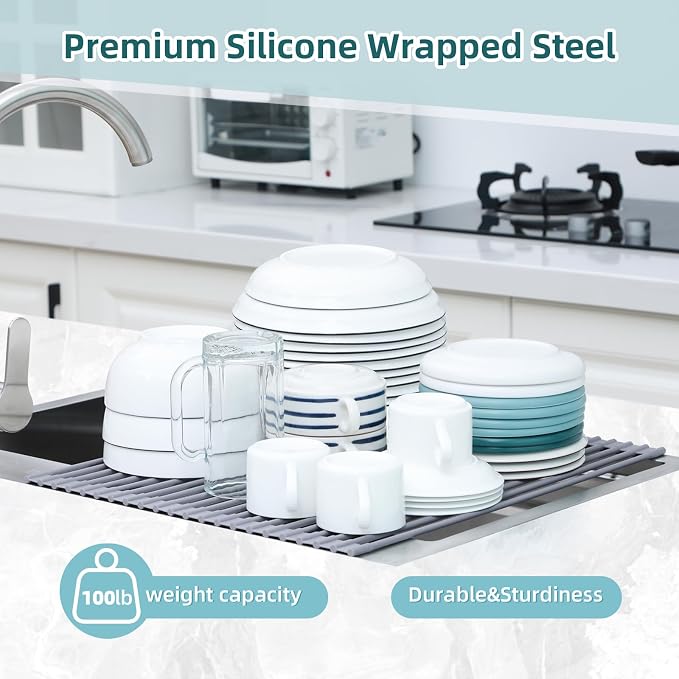 Ohuhu Over Sink Dish Drying Rack Silicone Wrapped 17.6" W x 15.4" L Large Over the Sink Roll Up Dish Drainer - Foldable Sink Drying Rack Rolling Drain Mats Anti-Slip Multipurpose for Kitchen Counter