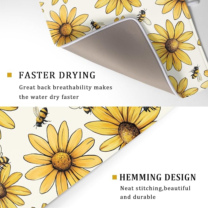 Floral Sunflower Bee Dish Drying Mat of Kitchen Counter 18×24 Inch | Yellow，Polyester，Absorbent Microfiber，for Kitchen Coffee Dining Bar Decor
