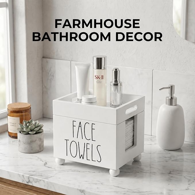Disposable Face Towel Holder, Wooden Facial Towels Dispenser, Clean Towel XL Box for Bathroom Countertop, Open-Top Cleansing Wipes Organizer for Vanity, Rustic Skincare Storage (White)