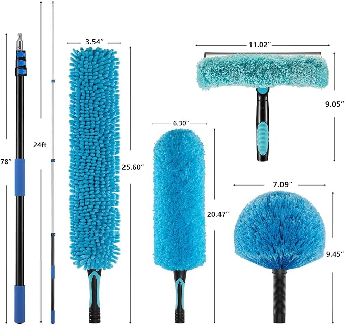 30ft 2 Cobweb Dusters, 24ft Extension Pole, High Ceiling Cleaning Tool | Fan Cleaner , 3-in-1 Window Squeegee Kit, Heavy Duty, Household Cleaning Gloves