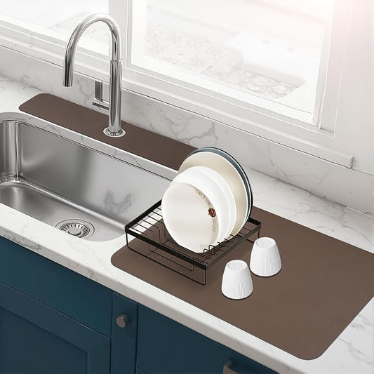 2PCS 12" x 19" Dish Drying Mat & 24" x 5.5" Faucet Mat for Kitchen Sink, Super Absorbent Kitchen Counter Mats & Sink Splash Guard, Easy to Clean Dish Rack Pad for Dishes Countertop, Brown