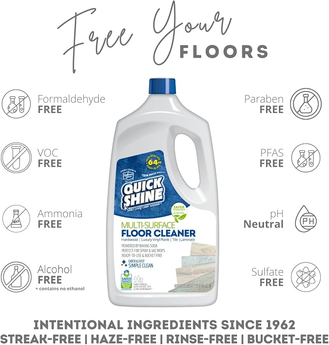 Quick Shine Multi-Surface Floor Cleaner 64 oz-4 Pk, Streak-Free, No Residue | Powered by Baking Soda, Clean Breeze Essence, pH Neutral, No Rinse, PFAS & Ammonia Free, EPA Safer Choice Made in USA