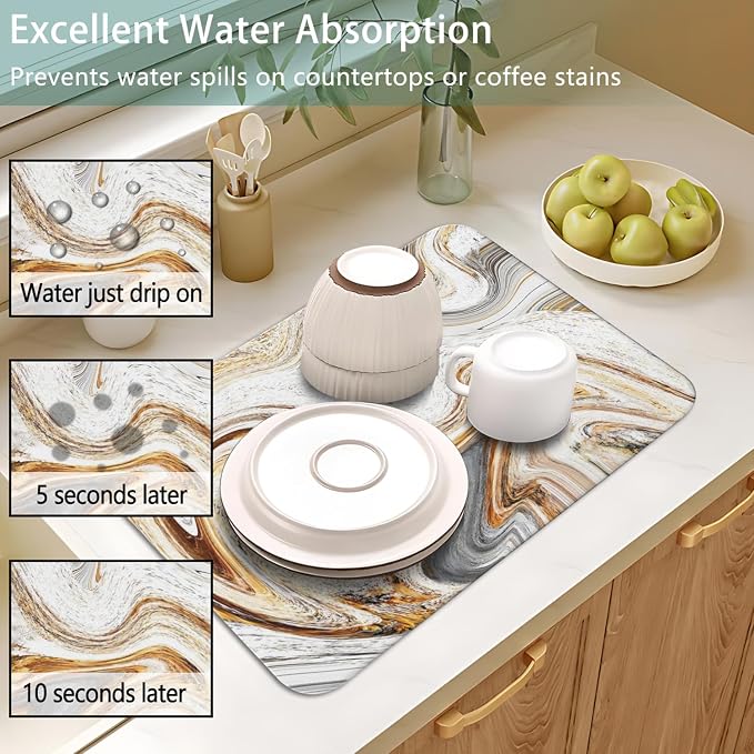 Dish Drying Mat 2-Pack in Marble Swirl for Kitchen Counter Dishes Mat | Diatom Mud Mats (18x24, 19.5x12"). Non-slip rubber back for kitchen counter, coffee bar & sink scenes