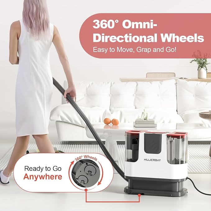 Upholstery Carpet Cleaner, MUJERBAY 12Kpa Portable Spot and Stain Cleaner, Easy Move with Universal Wheels & Handle, 1.23-inch Deep Cleaning Machine for Couch, Stairs, Car and Pet Messes.