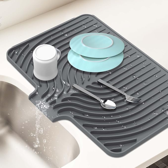 Dish Drying Mat for Kitchen Counter, with Built-in Drain Lip, 18x11.8 inch, Food-Grade Silicone, Easy Clean Pad for Countertop Protection, Heat Resistant, Easy Clean, Multi-Functional Use (Grey)