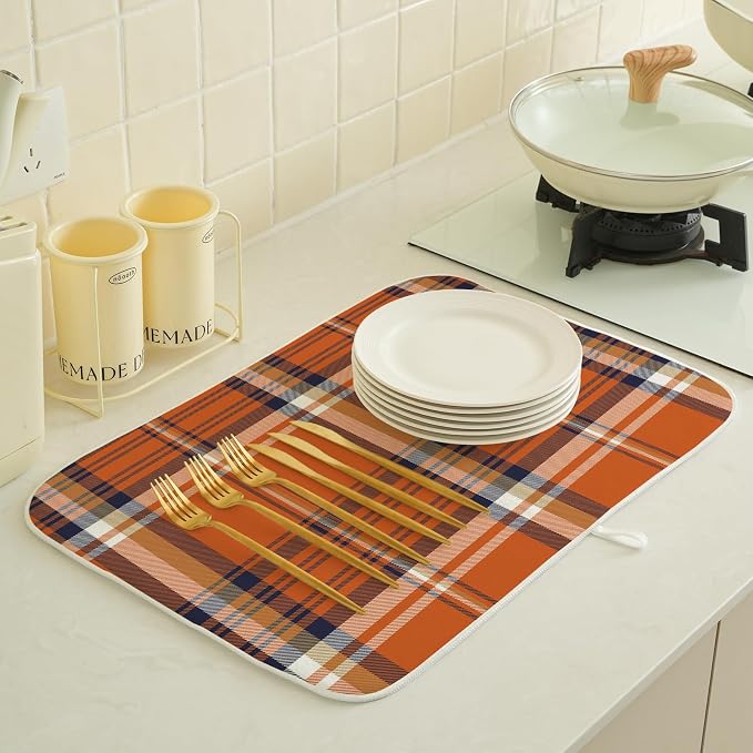Fall Plaid Dish Drying Mat 18x24 Inch Autumn Orange Blue Buffalo Plaid Drying Mat for Kitchen Counter Absorbent Farmhouse Harvest Thanksgiving Dishes Dry Pad for Drainer Rack Kitchen Fast Dry