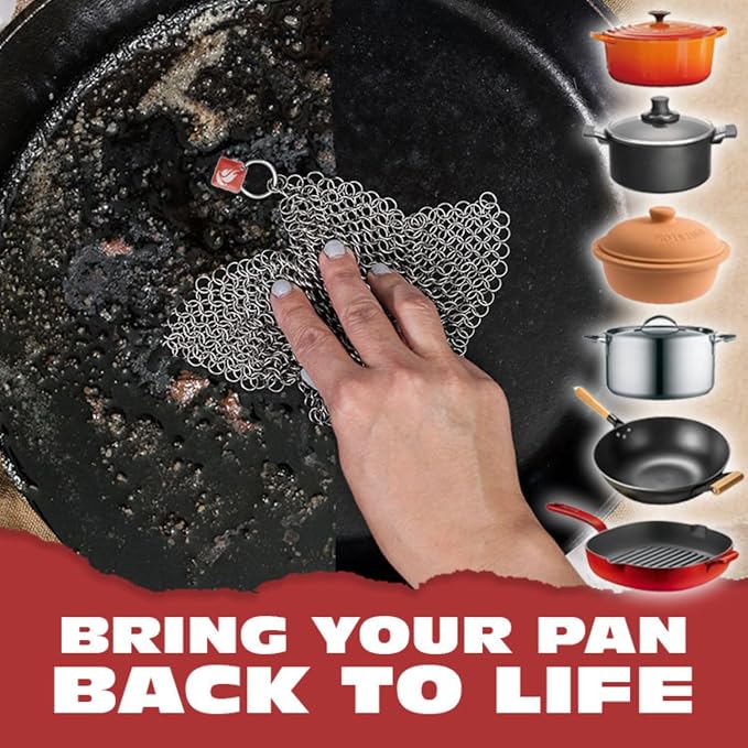 Knapp Made CM Scrubber 9" x 6" Small Ring Chainmail Cast Iron Scrubber, Premium Stainless Steel Mesh Cleaner for Pre-Seasoned Pans, Dutch Ovens, Grills and Skillets