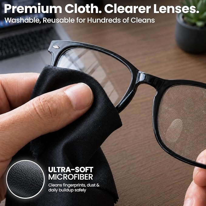 EVEO Glasses Cleaner Spray - Eyeglass Cleaner (No Streaks)| x2 Eye Glass Cleaners Spray + x2 Lens Cleaner Microfiber Cleaning Cloth, Glasses Cleaning Kit Eye Glasses Cleaner Spray & Cloth - 4oz(2ozx2)