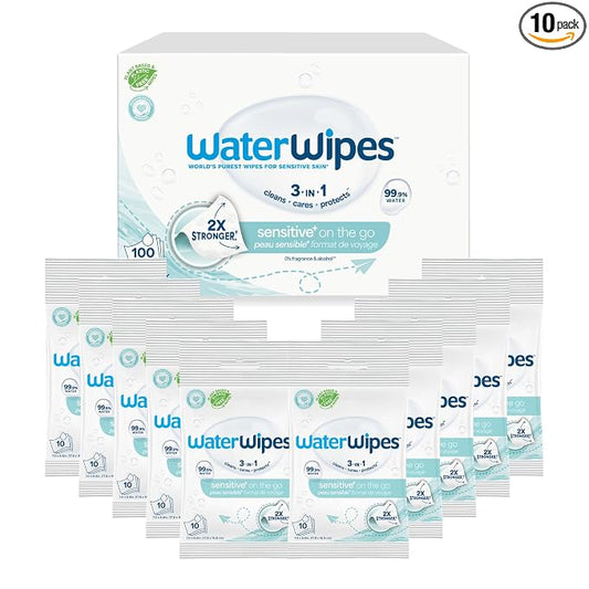 WaterWipes Sensitive+ On The Go Wipes, 3-In-1 Cleans, Cares, Protects, 99.9% Water, Unscented & Hypoallergenic Wet Wipes, 100 Count (10 Packs)