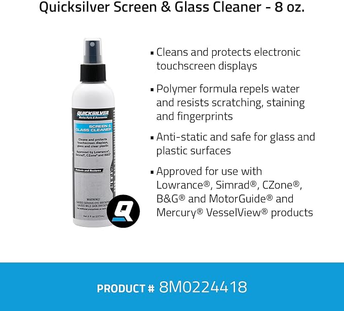 Quicksilver 8M0224418 Screen & Glass Cleaner for Marine Electronics, Windshields and Mirrors, 8 oz.