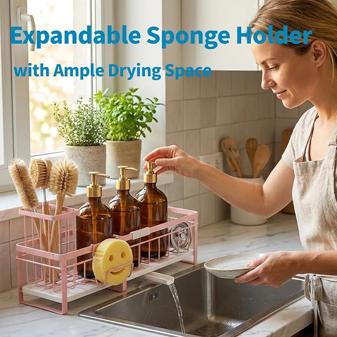 Aurblozen Extra Large Extendable Sponge Holder for Kitchen Sink, Rustproof Sink Caddy Organizer with High Brush Holder, Dish Soap Dispenser Organizers and Storage (Pink)