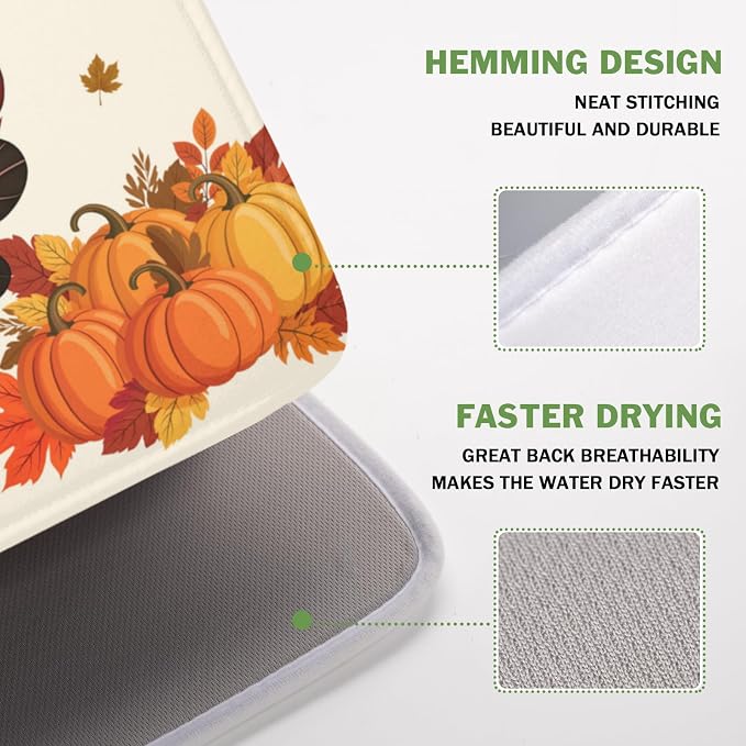Thanksgiving Dish Drying Mat for Kitchen Counter Autumn Harvest Turkey Pumpkin Maple Leaves Microfiber Dish Drainer Mat Rustic Fall Holiday Absorbent Washable Drying Pad 16"x18"