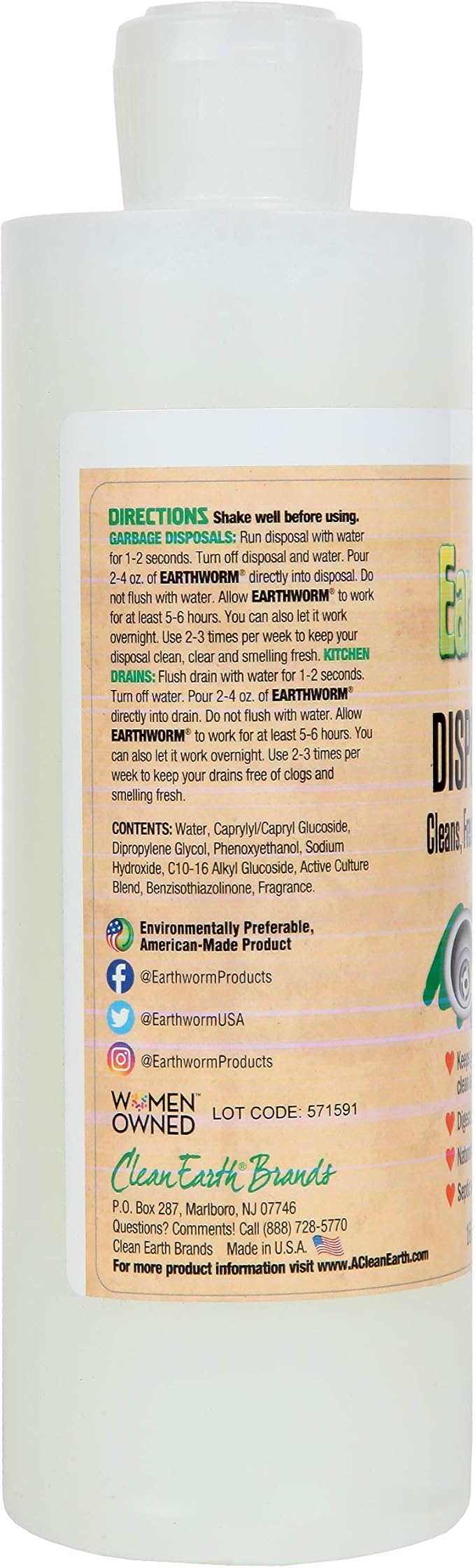 Earthworm Garbage Disposal Cleaner and Odor Eliminator/Disposal Care Removes Buildup, Cleans, and Freshens your Kitchen Sink - 16 Oz, Fresh Lemon Scent, Septic Safe