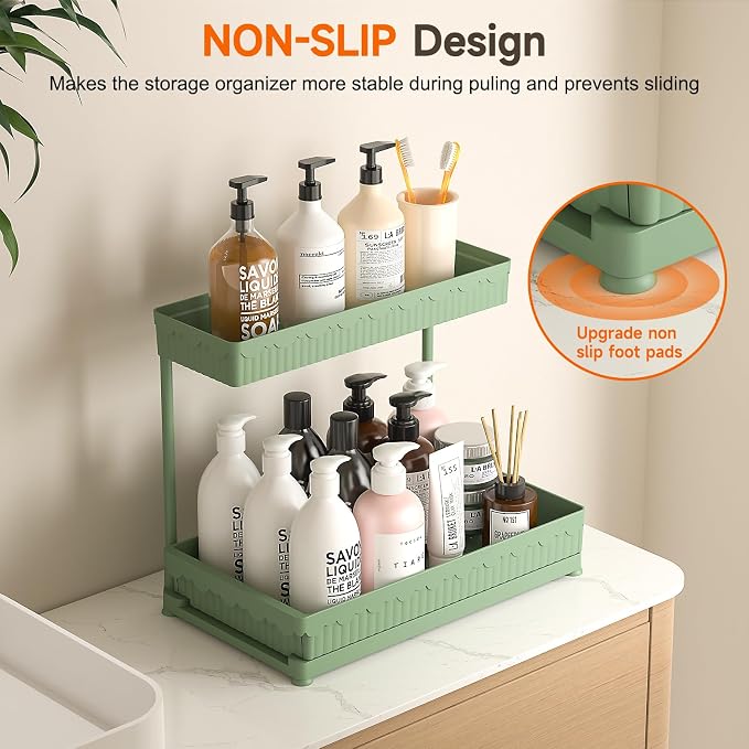 Sevenblue 3 Pack Multi-Purpose Pull-Out Storage Organizers, 2-Tier L-Shaped Under Sink/Cabinet Organizers and Storage for Bathroom & Kitchen,Green,12.85 Inch