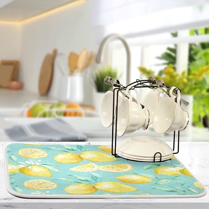 Absorbent Dish Drying Mat for Kitchen Counter - Yellow lemon teal background Microfiber Drying Pad, Reversible Drainer Mats for Countertop, Large 18 x 24 inch