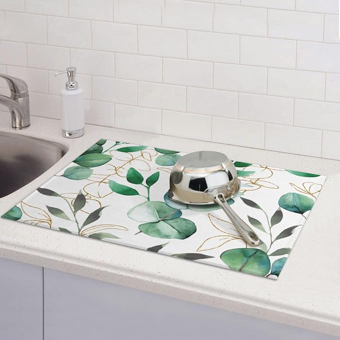 Green Leaves Dish Drying Mat For Kitchen Counter, Super Absorbent Microfiber Dish Drying Pad, Kitchen Gadgets For Easy Clean Multi-Use Large 18"x24"