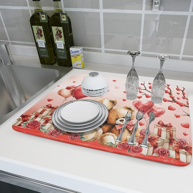 Holiday Microfiber Dish Drying Mat 18 X 24 in Valentines Day Bear Red Decorative Kitchen Countertop Mats