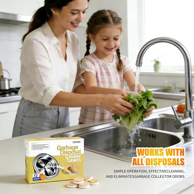SOPAMI Garbage Disposal Cleaner Deodorizer Tablets 12 Pack 1 Year Supply | Powerful XL Foaming Sink Garburator Disposer Freshener, Natural Kitchen Drain Cleaning Care with Fresh Citrus Scent