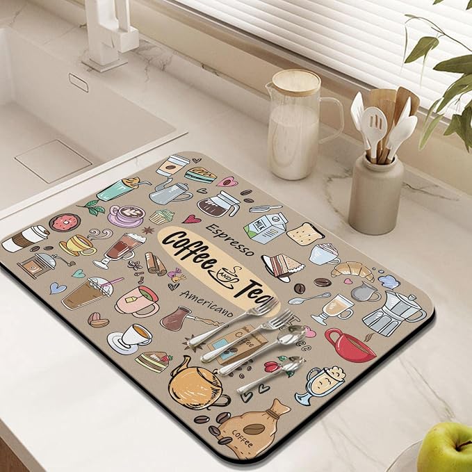 Fun Coffee Bar Mat 24inx18in, Absorbent Hide Stain Anti-Slip Accessories Fit Under Coffee Machine, Dish Drying Mat for Countertops