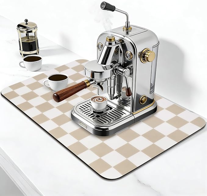 CooRug Checkered Dish Drying Mat, 16" x 24", Beige | Absorbent, Leak-Proof, Non-Slip, Heat Resistant, For Kitchen Counter & Coffee Bar, Eco-friendly Materials, Easy to Clean