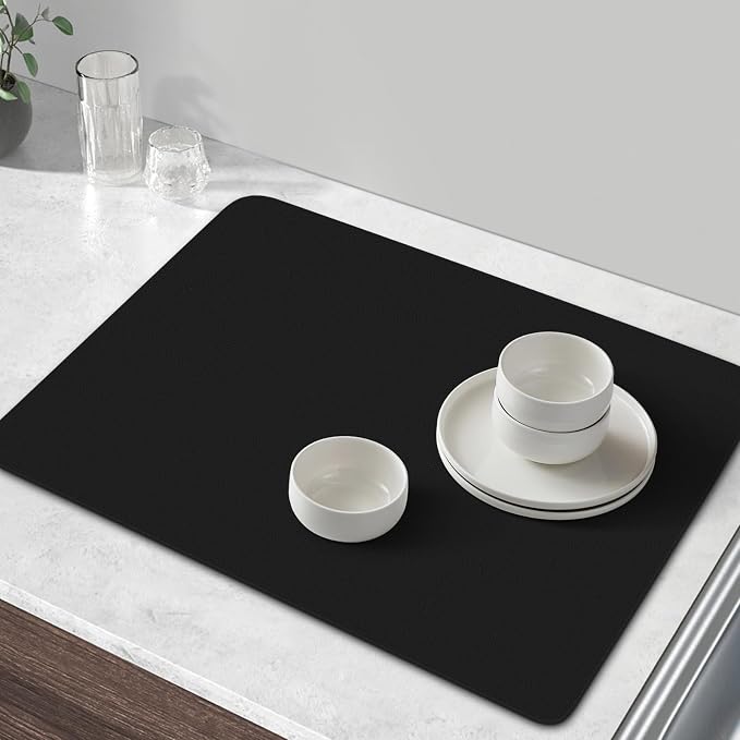 WISELIFE Coffee Mat Super Absorbent Dish Drying Mat Coffee Bar Accessories Match with Machine Large Drying Mats for Kitchen Counter 17" W x 30" L, Black